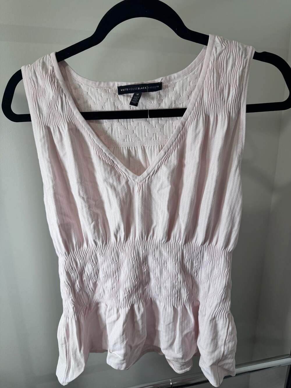 White House Black Market Smocked Waist Peplum Tank Top in Pale Pink